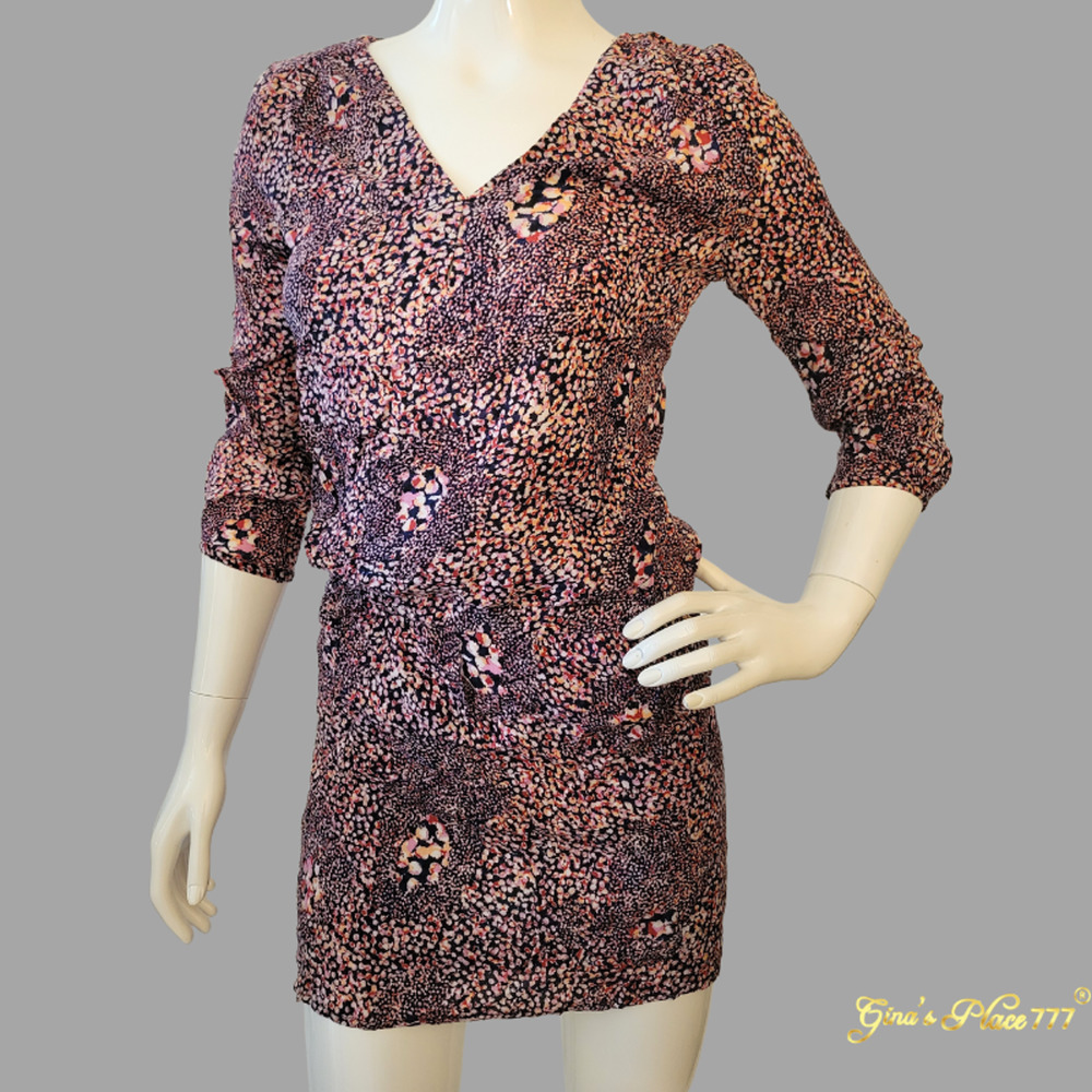 H & M Women's 3/4 Sleeve V-Neck Elastic Waist band Mini Dress Multi Coral Sz: 4